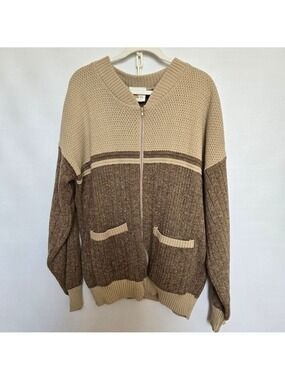 CARDIGAN SWEATER MENS BROWN TAN KNIT ZIPPER CLOSURE (XL)